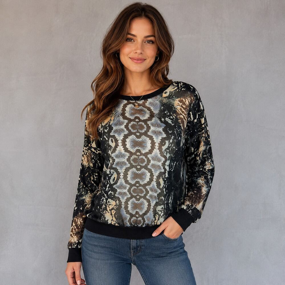 Cabi‎ Woman Med Blouse Sheer Chiffon Python Print Ribbed Bottom